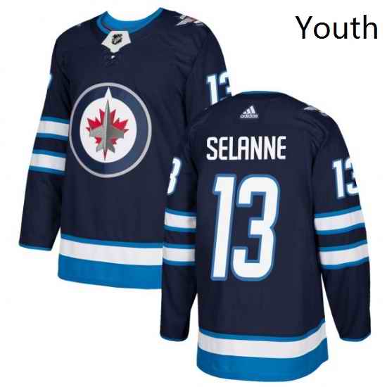 Youth Adidas Winnipeg Jets 13 Teemu Selanne Authentic Navy Blue Home NHL Jersey